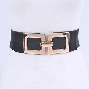 Double Square Buckle Plus Size Stretch Belt - Black/Gold